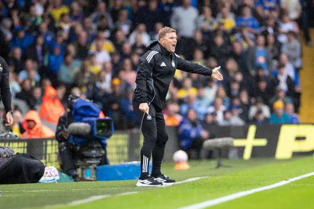 Newcastle United F.C. manager Eddie Howe gesticulates during the Premier League match between Leeds United and Newcastle United at Elland Road in Leeds, United Kingdom, on August 30, 2025.