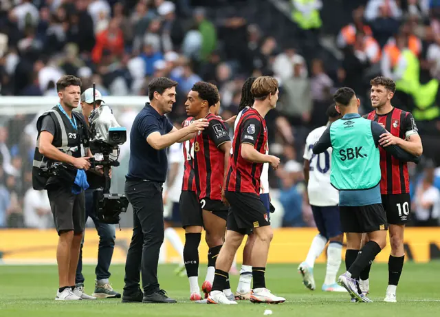 Andoni Iraola, Manager of AFC Bournemouth, interacts with Tyler Adams of AFC Bournemouth following the Premier League match between Tottenham Hotspur and Bournemouth at Tottenham Hotspur Stadium on August 30, 2025 in London, England. (