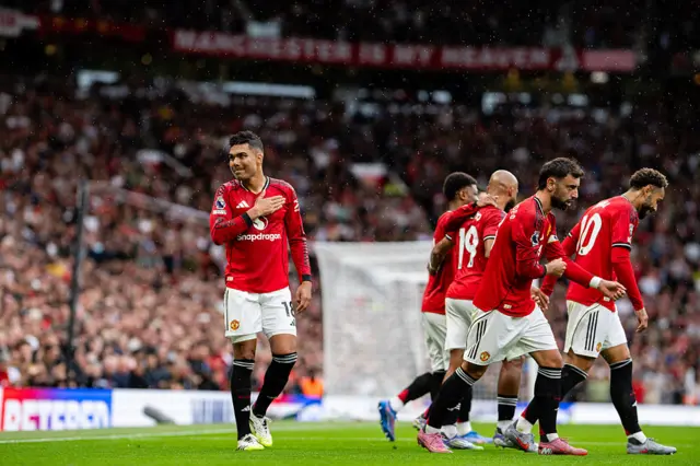Casemiro of Manchester United celebrates after Josh Cullen of Burnley scores an own goal during the Premier League match between Manchester United and Burnley at Old Trafford on August 30, 2025 in Manchester, England.