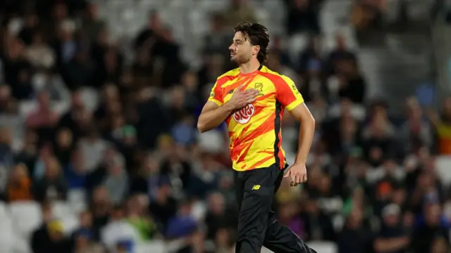 Marcus Stoinis of Trent Rockets celebrates after taking a wicket