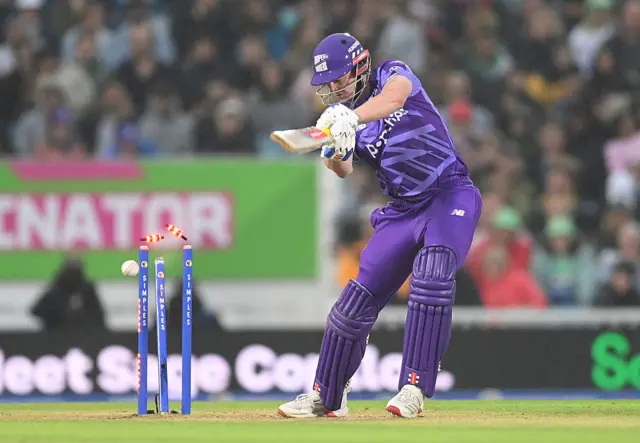 Harry Brook of Northern Superchargers is bowled by Marcus Stoinis