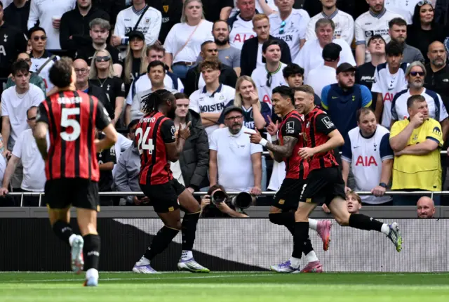 AFC Bournemouth's Evanilson celebrates scoring their first goal with Antoine Semenyo