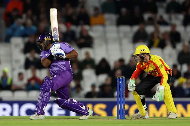 Samit Patel of Northern Superchargers bats as wicketkeeper Ben Cox of Trent Rockets looks on