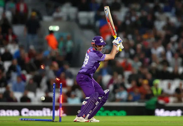 Harry Brook of Northern Superchargers is bowled by Marcus Stoinis