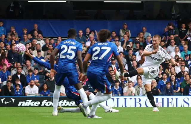Fulham's Joachim Andersen shoots at goal