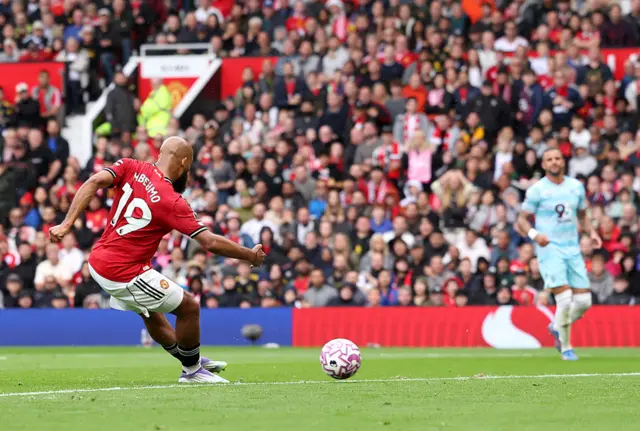 Bryan Mbeumo of Manchester United scores his team's second goal during the Premier League match between Manchester United and Burnley at Old Trafford on August 30, 2025 in Manchester, England.