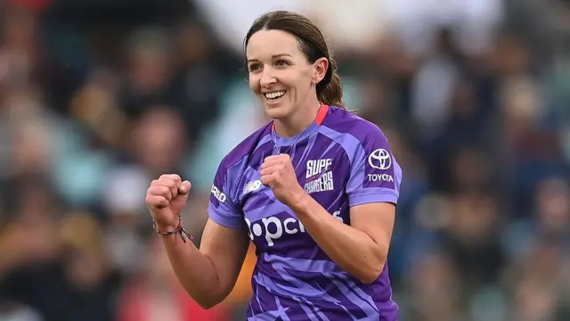 Kate Cross of Northern Superchargers celebrates after the dismissal of Charlie Dean