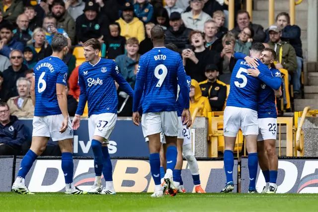 Everton's Kiernan Dewsbury-Hall celebrates scoring his side's third goal during the Premier League match between Wolverhampton Wanderers and Everton at Molineux on August 30, 2025 in Wolverhampton, England.