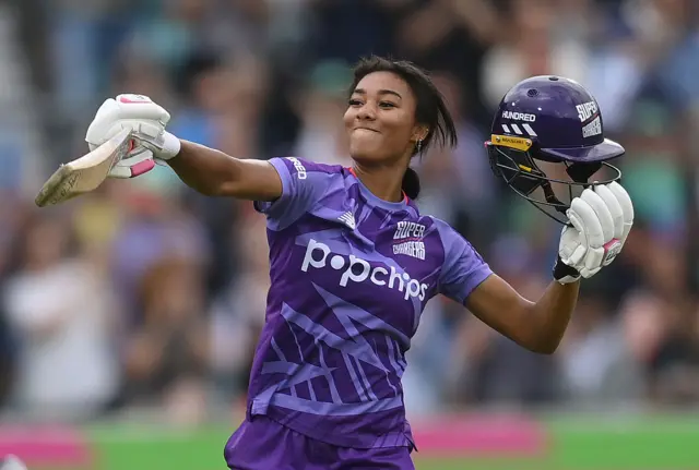 Davina Perrin celebrates her hundred for Northern Superchargers