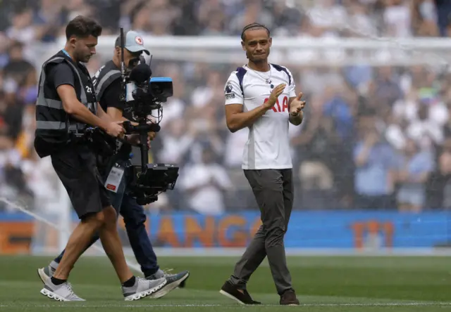 New Tottenham Hotspur signing Xavi Simons is unveiled to the fans before the match