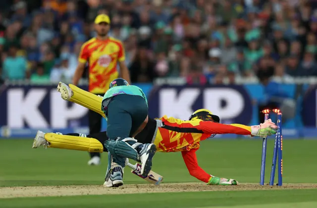 Ben Cox of Trent Rockets runs out Tom Curran