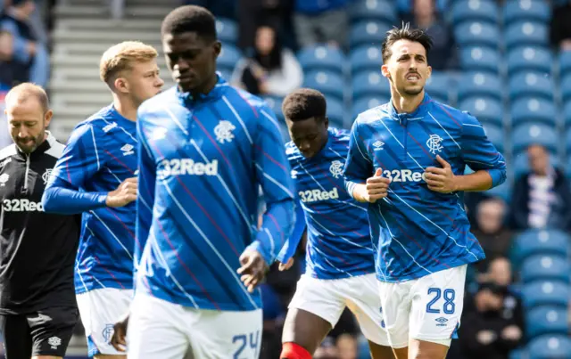 Bojan Miovski warming up at Ibrox
