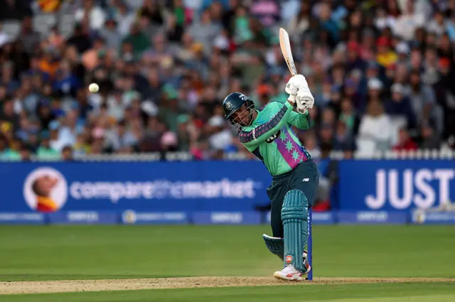 Donovan Ferreira of Oval Invincibles hits out for six