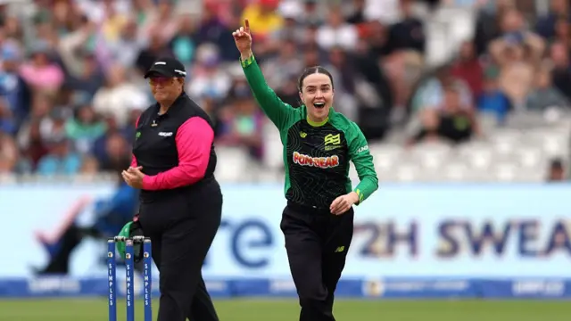 Mady Villiers of Southern Brave celebrates after taking the wicket of Alice Davidson-Richards
