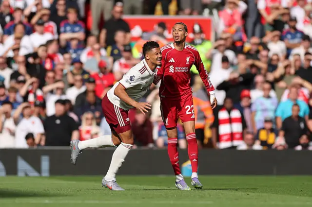 William Saliba of Arsenal reacts with an injury