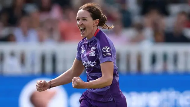 Kate Cross of Northern Superchargers celebrates after taking the wicket of Laura Wolvaardt