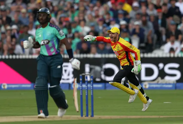 Ben Cox of Trent Rockets celebrates after taking the catch to dismiss Tawanda Muyeye of Oval Invincibles
