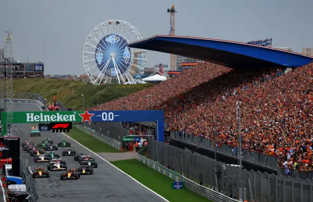 The cars move away from the grid at the start of the Dutch Grand Prix