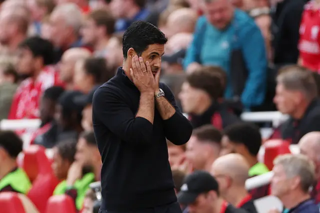 Mikel Arteta, Manager of Arsenal, reacts