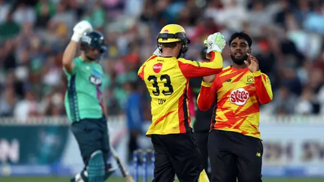 Rehan Ahmed of Trent Rockets celebrates with teammate Ben Cox after taking the wicket of Jordan Cox