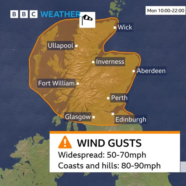 A map showing the location for the amber warning in Scotland
