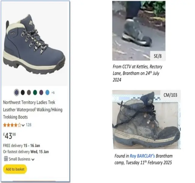 A picture containing three images. The first is an online shopping listing showing a women's walking boot on sale for £43.98. The second is a still taken from CCTV footage of Roy Barclay's feet near the site where he killed Anita Rose. The third image is the same type of boot found in Roy Barclay's camp after his arrest. The boot is the same in all pictures. It is mostly a dark blue, with white and grey soles and laces.