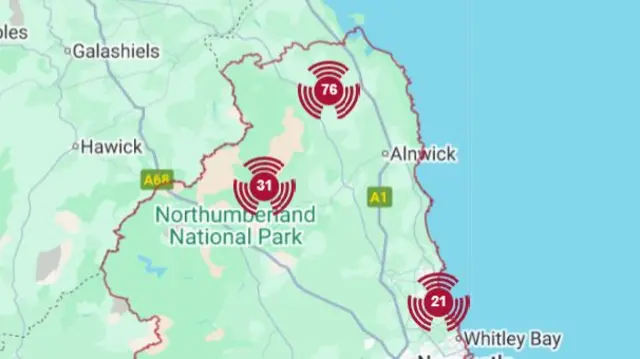 Graphic map from Northern Powergrid showing areas where power cuts are reported