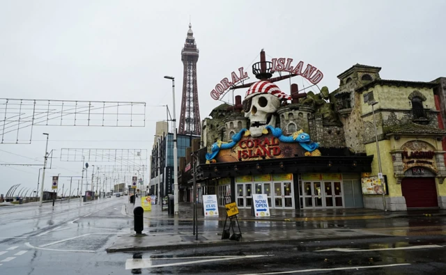 Grey skies surround Blackpool Tower and Coral Island in Blackpool, Lancashire, ahead of Storm Floris.