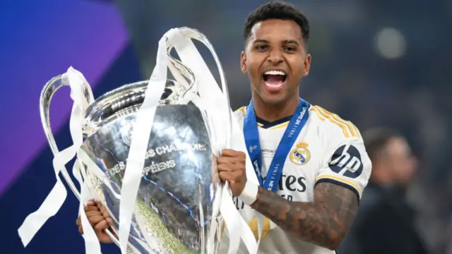 Rodrygo of Real Madrid poses for a photograph with the UEFA Champions League Trophy