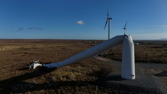 A wind turbine that was blown over during Storm Eowyn, in Inverin, Ireland, in January