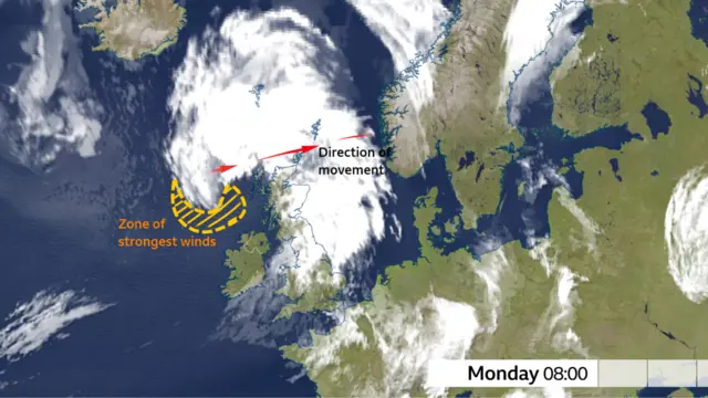 Graohic showing map of UK and western Europe, larhe white cloud denoting wind over much of the UK, other than southern England and most of Northern and Southern Ireland.
