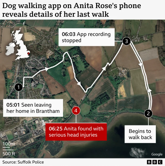 A map of the route Anita Rose walked on the day she was attacked. It pinpoints where she left her home in Brantham and a route she took out of the village and then back before she was attacked.