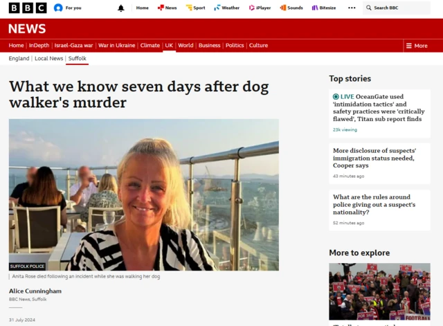 A screenshot of a BBC article written in the days after Anita Rose was attacked.