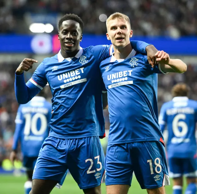 Rangers' Djeidi Gassama celebrates with Oliver Antman