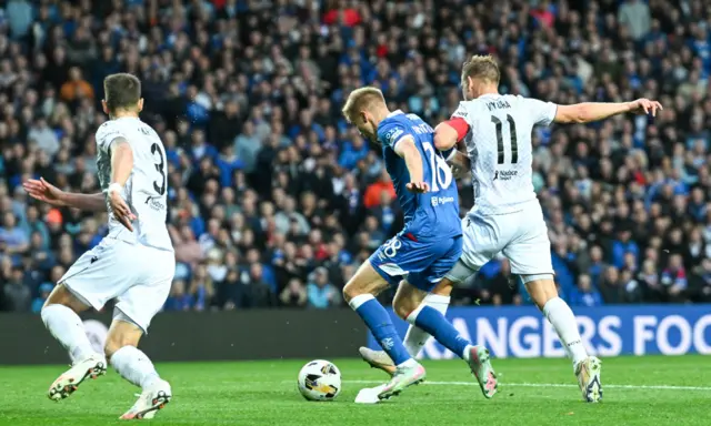 Rangers' Oliver Antman is fouled by Plzen's Matej Vydra