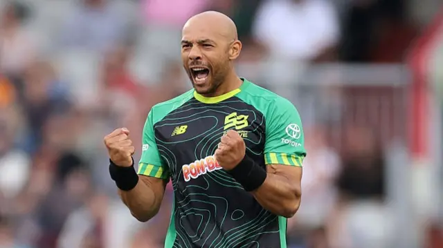 Tymal Mills of Southern Brave celebrates dismissing Jos Buttler