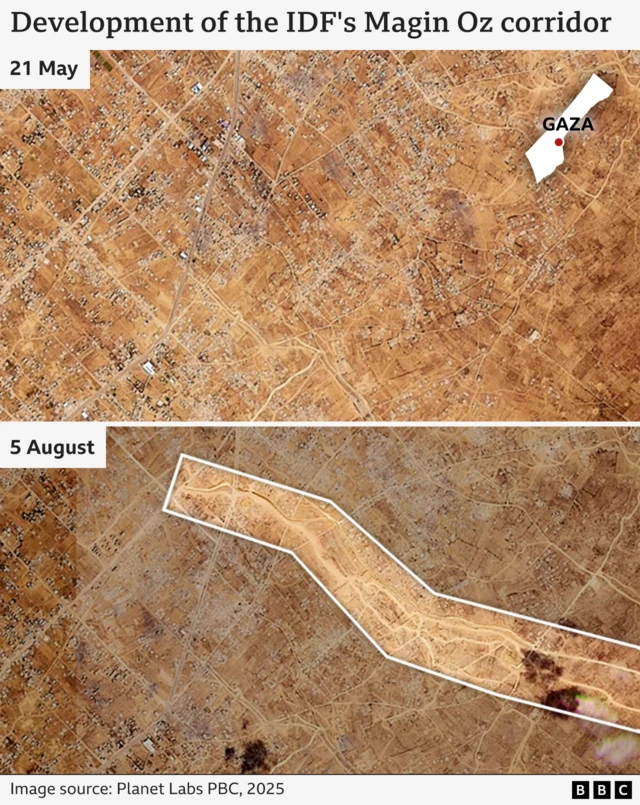 Annotated graphic showing satellite images from 21 May (top) and 5 August (bottom) showing that land has been cleared for a new Israeli corridor