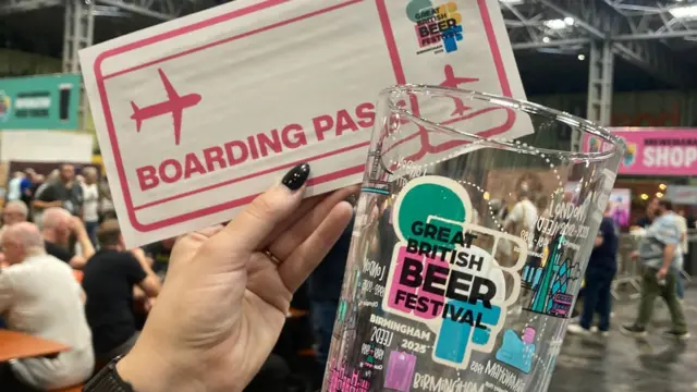 A hand holds up a beer glass and a boarding pass.
