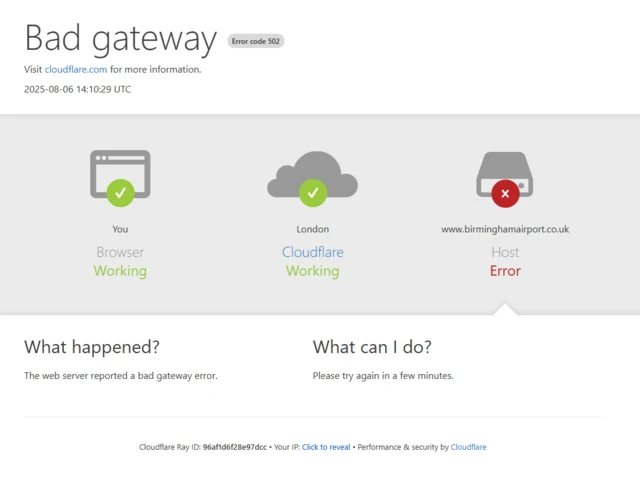A screenshot of the Birmingham Airport website at 15:12 today, showing a 'bad gateway' error