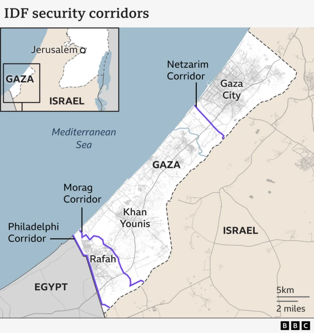 Map showing the three current IDF security corridors in the Gaza Strip