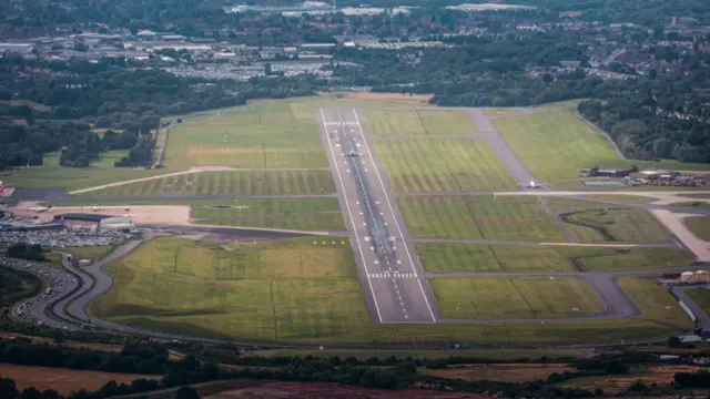 An aerial view of Birmingham Airport's runway, pictured in 2023.