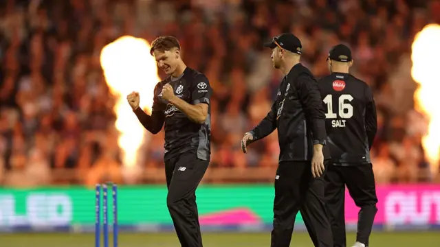 Sonny Baker of Manchester Originals celebrates dismissing Jason Roy