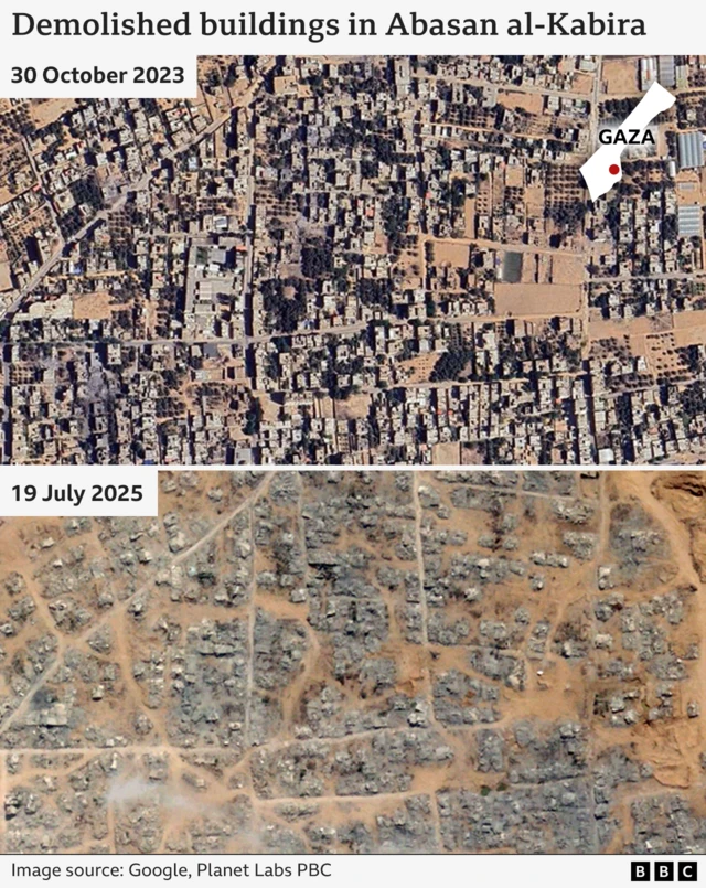 Annotated satellite images showing Abasan al-Kabira on 30 October 2023 where many buildings are standing compared with 19 July 2025 where many buildings are damaged