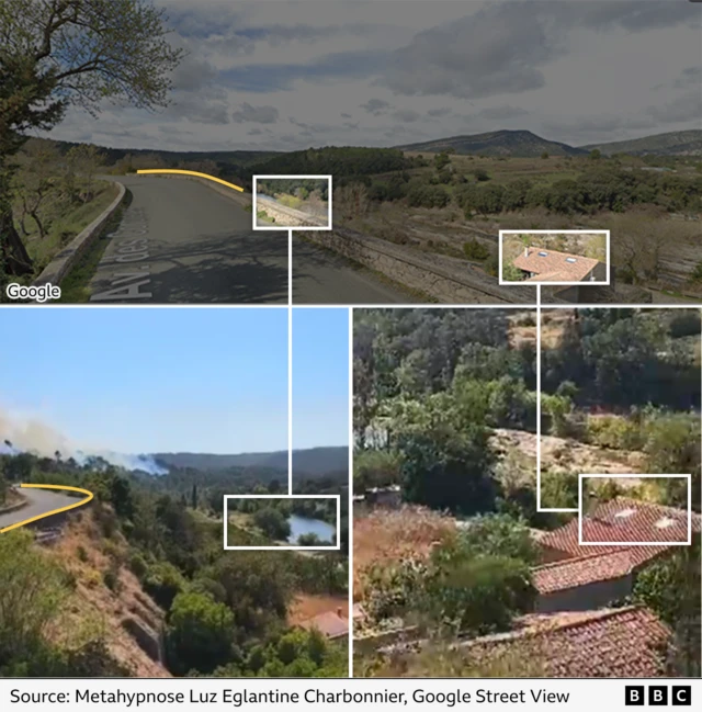 A composite image showing how Google Street View (top row) corresponds with scenes from the footage (bottom row)