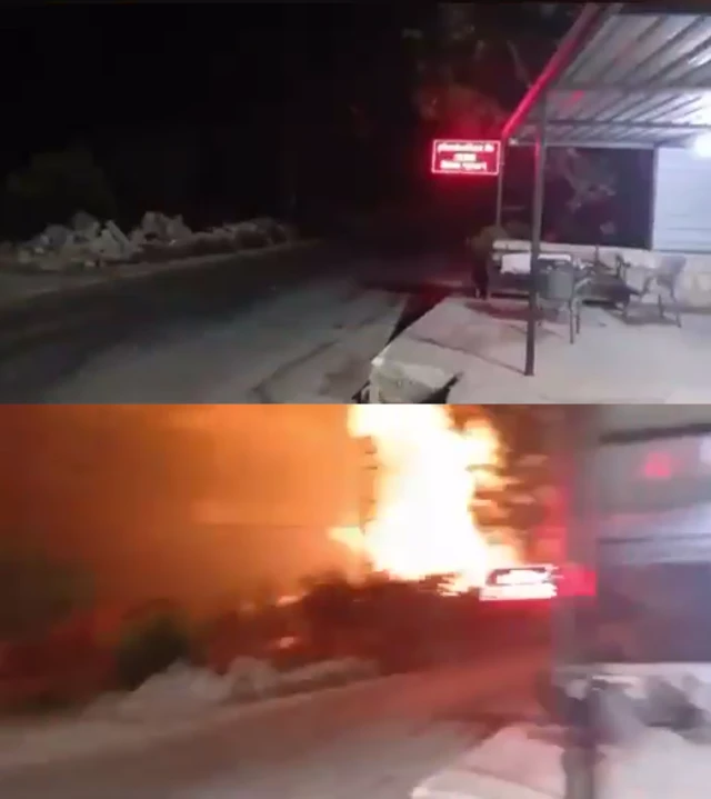 Two screengrabs: The first shows chairs under a shelter at a roadside. The second shows the same scene, but blurred by the shaking camera, as an explosion happens close by. The video was filmed evening of 6 August 2025 near Deir Seryan, southern Lebanon.