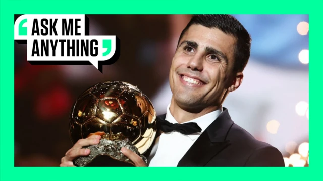 Rodri holding the Ballon d'Or with an Ask Me Anything border around him