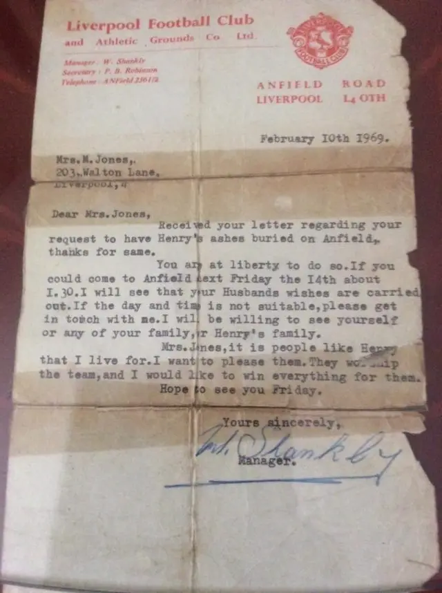 A Liverpool headed letter from Bill Shankly in 1969