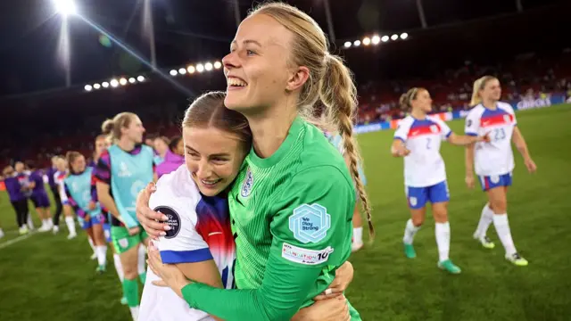 Chloe Kelly and Hannah Hampton of England