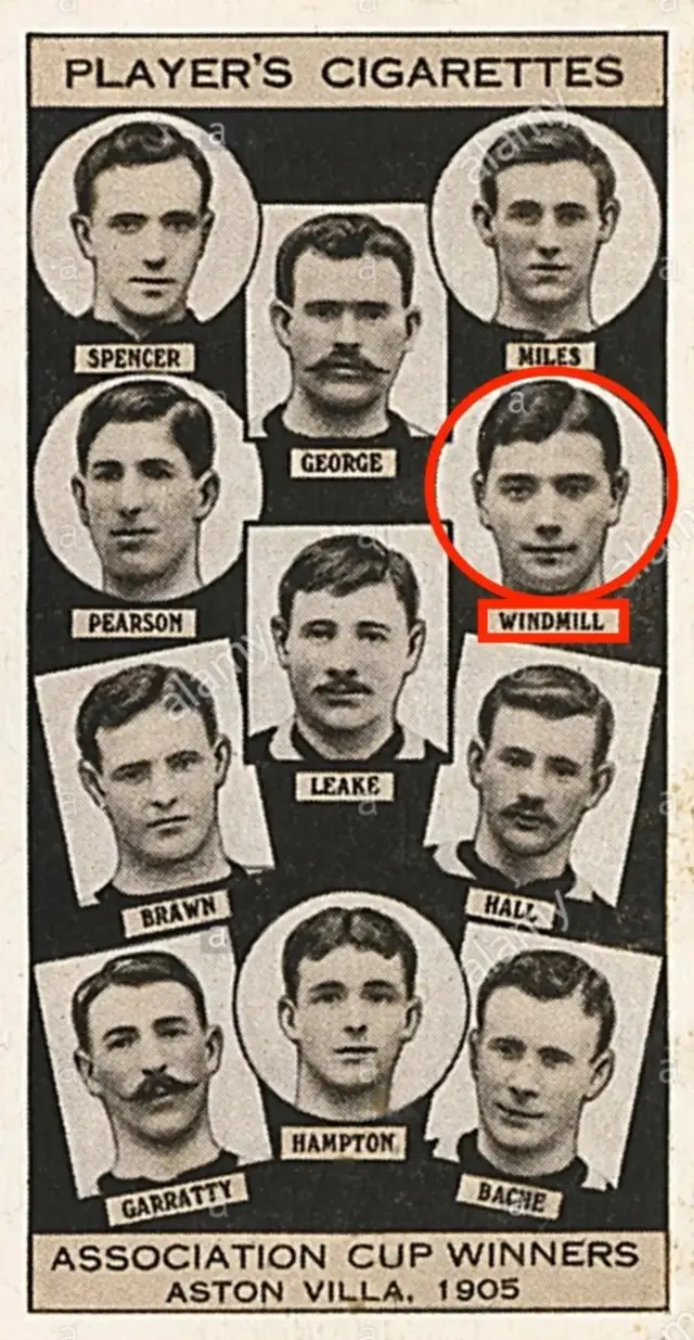 Old image of player's cigarettes with Aston Villa Fa Cup winning team of 1905 on it