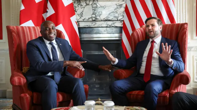 U.S. Vice President JD Vance meets British Foreign Secretary David Lammy at Chevening House in Sevenoaks, Britain, August 8, 2025.
